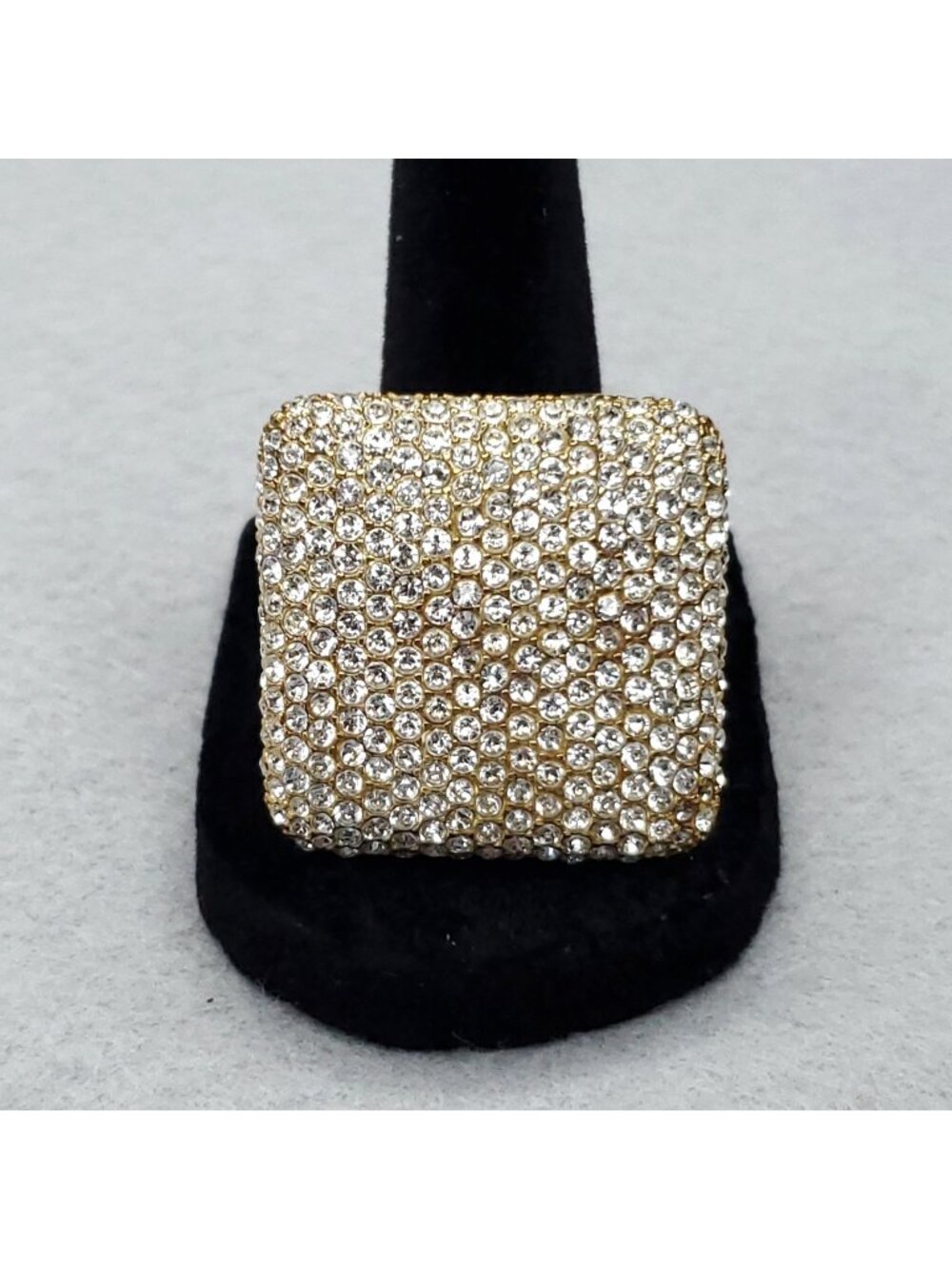 Vintage SETA Rhinestone Cocktail Ring Sz 11 Clear Gold Tone Statement Pave Sq